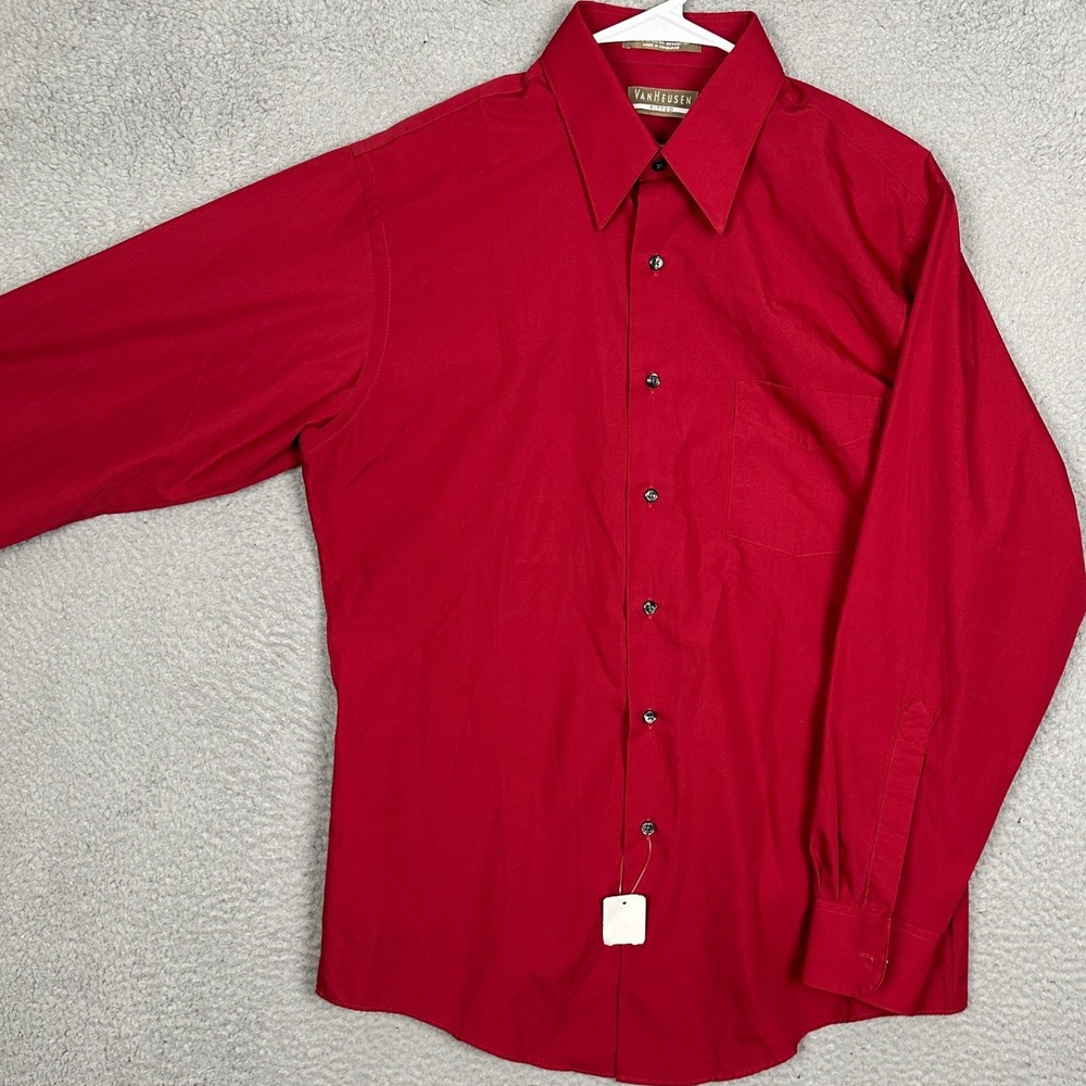 NEW Van Heusen Poplin Shirt Mens Medium 15.5 32-33 Fitted Red Dress Button Down